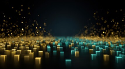 Abstract digital landscape with glowing cube structures and sparkling particles illuminated in blue and gold tones for futuristic art design