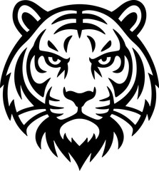 Vector of a tiger head with intense eyes in a clean black silhouette.