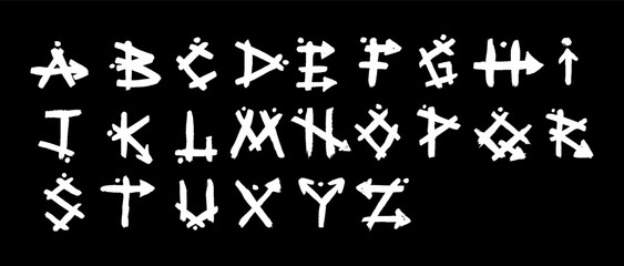 African mexican tribal English alphabet featuring hand-drawn geometric letters and stone texture. Abstract white on black bg doodle font for textile, banner, design evoking ancient tribe age. Vector