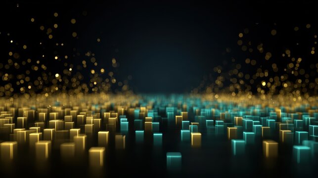 Abstract digital landscape with glowing cube structures and sparkling particles illuminated in blue and gold tones for futuristic art design