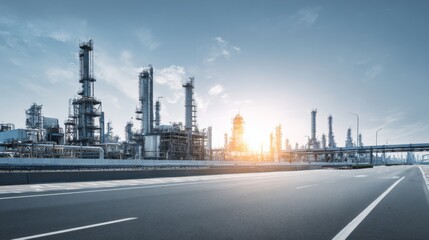 Fototapeta premium Empty asphalt road with oil refinery industrial plant and sunrise in background