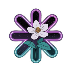 stellar bloom: white five-petal flower framed by neon-outlined cosmic starburst