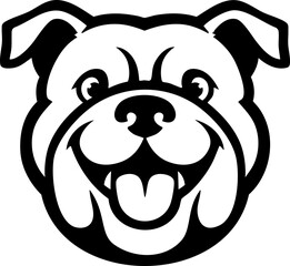 Simplified black bulldog head with cheerful look in flat vector design.