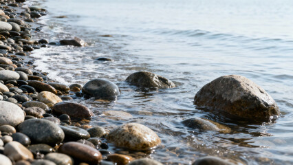 Obraz premium Ocean waves washing over smooth pebbles on a beach, natural coastal scenery. travel magazines, destination branding, designed for outdoor magazines and nature guides, used by architects.