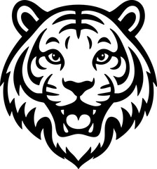 Flat silhouette of a tiger head with a relaxed and pleasant expression.