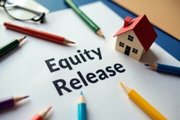 Equity Release Concept Surrounded by Office Supplies and Miniature House