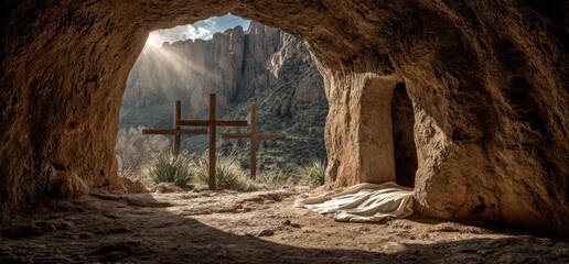 Obraz premium Empty Tomb of Jesus Christ with Cross and Sunlight.