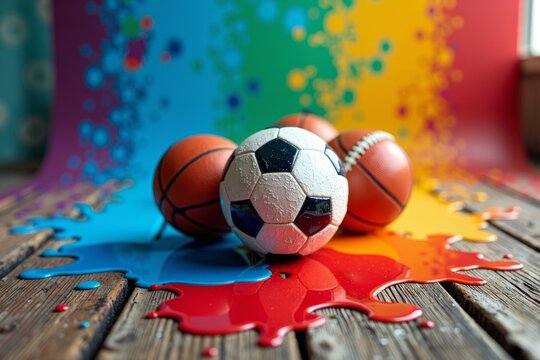 Colorful Sports Equipment Displayed in Rainbow Gradient on a Rustic Wooden Surface - Whimsical Close-up of Floating Sporting Gear