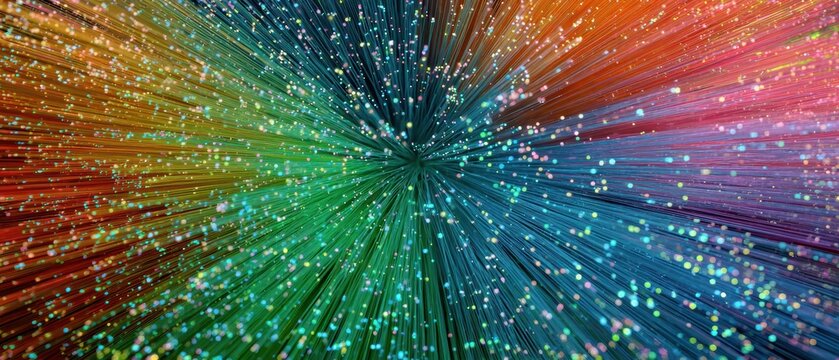 Vibrant fiber optic light display with multicolored streaks and glowing points radiating outward in a dynamic abstract pattern