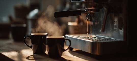 Cozy Coffee Break - Two Mugs Steaming Beside an Espresso Machine.