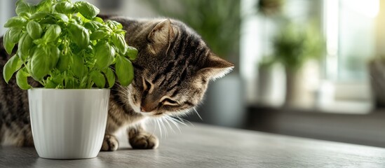 Curious Cat Investigating a Potted Basil Plant Indoors.