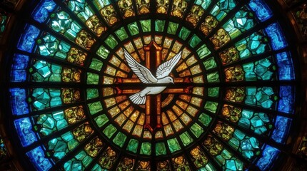 Vibrant stained glass window depicting a dove and cross