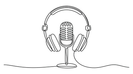 minimalist line drawing of classic microphone with over-ear headphones, continuous contour style ideal for podcast, audio, or media themes