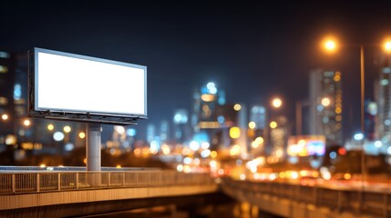 Bright empty advertising billboard on city highway at night with blurred lights and tall buildings in the background