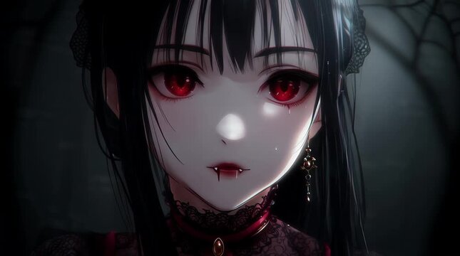 Animated Cute Anime Vampire Girl Talking and Looking in Dark Background