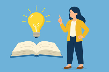 Knowledge or education, study or learning new skill, creativity or idea, reading book for inspiration, discover solution or literature, wisdom concept, hand hold open book to discover lightbulb idea.