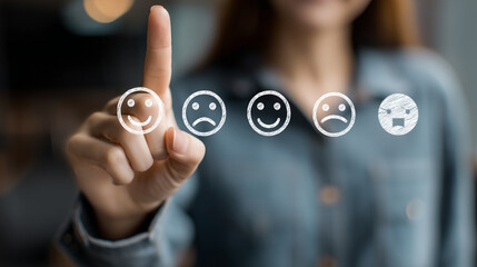 Woman's hand selecting a smiley face on a digital interface with various emotion icons