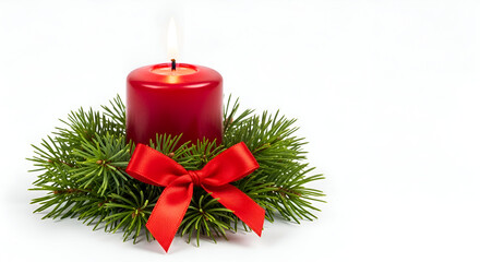 Red Christmas Candle with Ribbon, Festive Candle with Pine Decoration, Holiday Candle on White Background, Elegant Red Candle Centerpiece, Traditional Christmas Candle, Cozy Winter Candle Decor, Candl