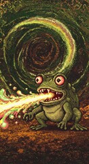 Obraz premium Grotesque amphibian creature emits a vibrant energy beam against a swirling dark backdrop