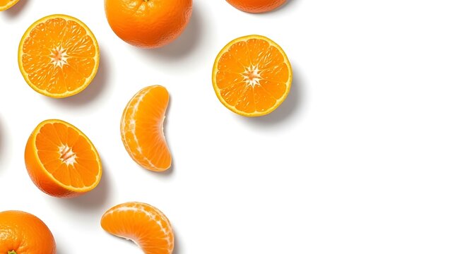 Fresh Bright Orange Mandarins and Segments on White Background