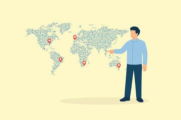 Global business expansion, open company branches, franchise in new location to cover all continent, growing business worldwide concept, businessman CEO put new branch pin on world map across globe.