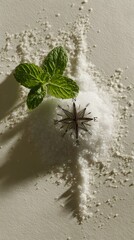 Refreshing mint sprig with sea salt crystals and a compass rose for a spa treatment, aromatherapy business, or travel adventure inspiration