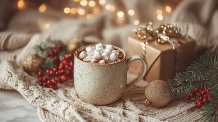 Fototapeta premium Hot chocolate with marshmallows and Christmas decorations on cozy blanket