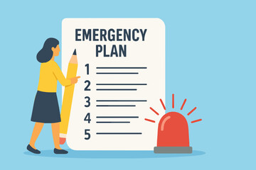 Business emergency plan concept, checklist to do in disaster, continue business and build resilience concept, smart businessman leader holding pencil with emergency plan paper flashing siren.