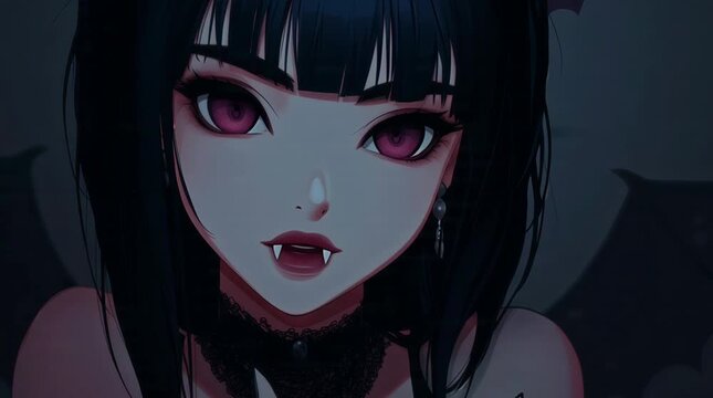 Animated Cute Anime Vampire Girl Talking and Looking in Dark Background