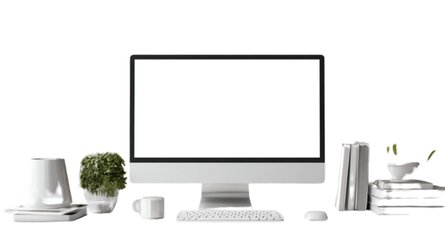 Modern computer monitor with blank screen showing empty display and sleek black frame technology equipment isolated on white background