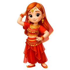 Girl in red and gold traditional attire poses confidently, wearing ornate jewelry and veil, exuding joy and elegance.esp