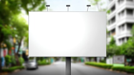 Large blank outdoor billboard on city street with trees and buildings for advertising or signage purposes