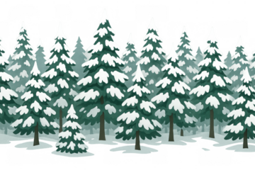 Winter forest seamless pattern with snow-covered pine trees and firs, creating a festive holiday nature background, transparent