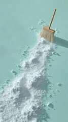 Cleanliness concept shows white powder swept by broom across pastel blue surface, symbolizing order, hygiene, and a fresh start in a simple, modern setting