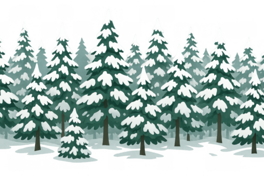 Winter forest seamless pattern with snow-covered pine trees and firs, creating a festive holiday nature background, transparent