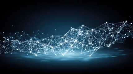 Abstract digital network with interconnected points and lines forming a dynamic futuristic pattern in a dark blue background