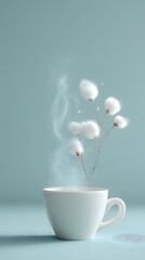 Gentle steam rises from a white teacup as a delicate cotton branch emerges, evoking serene comfort and natural elegance.