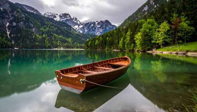 Serene lake scene with a wooden rowboat, framed by mountains and lush greenery