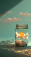 Captivating jar cradles glowing sun and fluffy clouds, inviting dreams and inspiration into your creative projects with ethereal light.