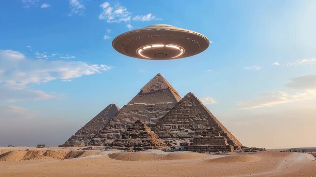A mysterious UFO hovers above the ancient pyramids of Egypt under a clear blue sky. A breathtaking fusion of extraterrestrial and earthly elements in this epic illustration.