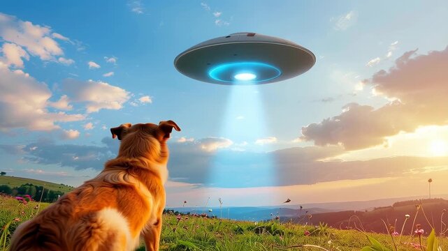 A curious dog gazes up at a UFO hovering in a breathtaking sky, its form casting an otherworldly glow. Capture the moment, as the scene combines the familiar with the extraordinary.