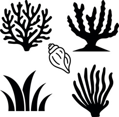 Ocean life elements silhouette design: seaweed, coral, and seashell icons, perfect for coastal themes, marine biology projects, and nautical designs