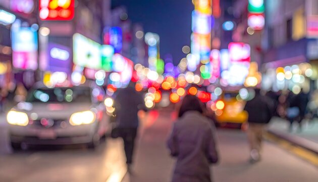 Out-of-focus night scene of a bustling city street with illuminated signs and pedestrians - Powered by Adobe