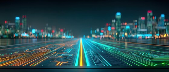 High Tech Blurred Cityscape Background with Neon Lights and Futuristic Digital Data Lines for Technology Innovation Concept