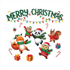 Cute christmas animals dancing and celebrating together under merry christmas lights.