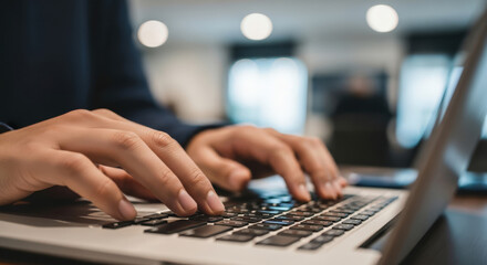 Close-Up of Hands Typing on Laptop Keyboard in Modern Office Setting Showcasing Productivity and Focus on Work Tasks for Professional Development