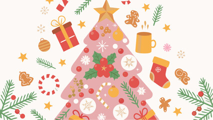 Festive christmas tree and holiday elements including gifts ornaments and gingerbread cookies scattered around silhouette