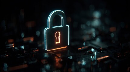 Futuristic neon laser illuminated lock symbol representing cybersecurity data protection digital security technology concept