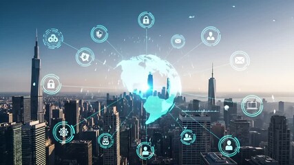 Global connectivity network over modern city skyline - Powered by Adobe