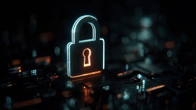 Futuristic neon laser illuminated lock symbol representing cybersecurity data protection digital security technology concept